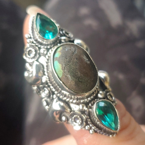 New Turquoise & Diopside 925 Silver Crescent Moon Statement Ring. - Picture 1 of 12